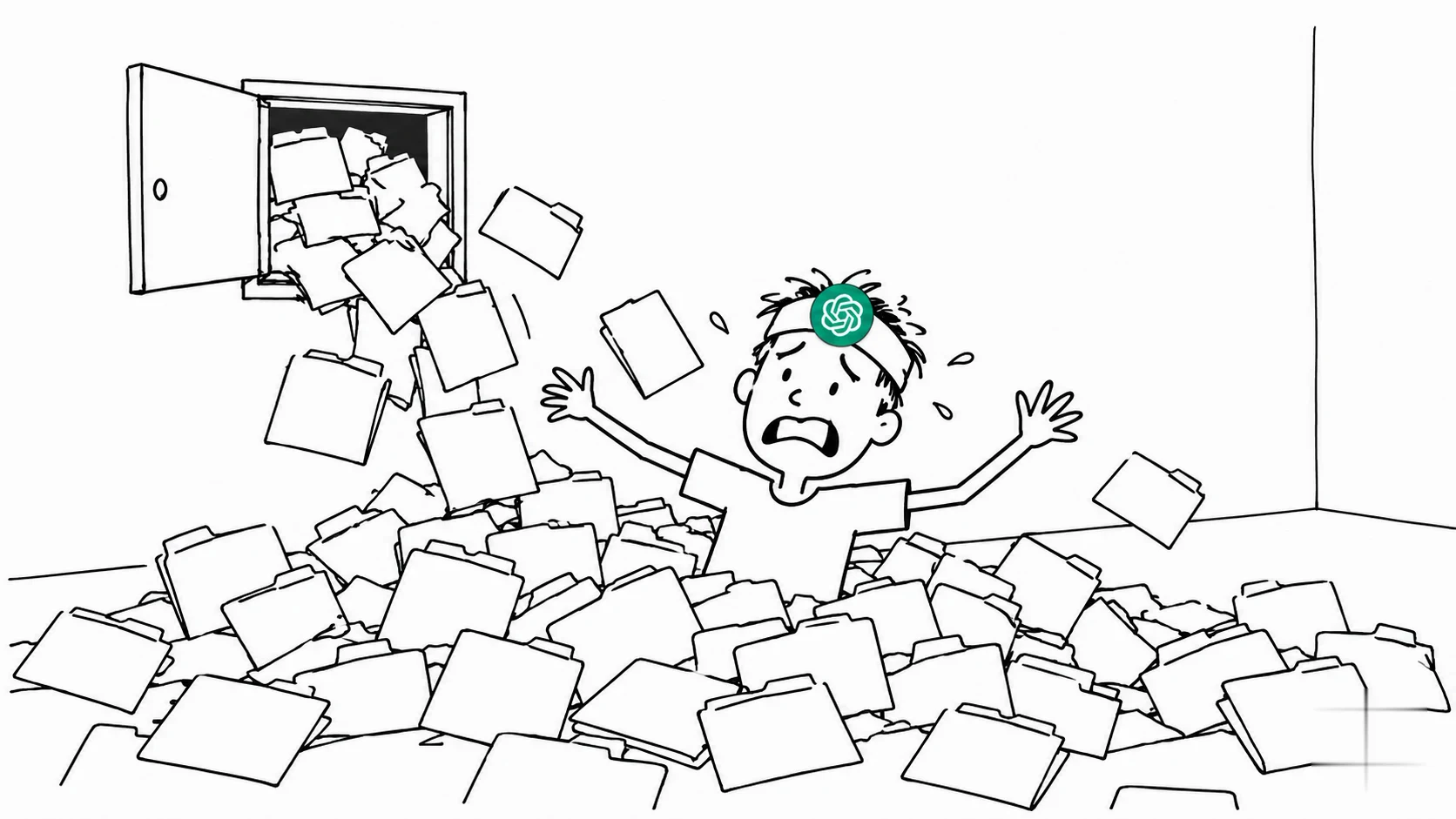 헝클어진 머리의 사람이 열린 배출구에서 쏟아지는 문서에 당황합니다.