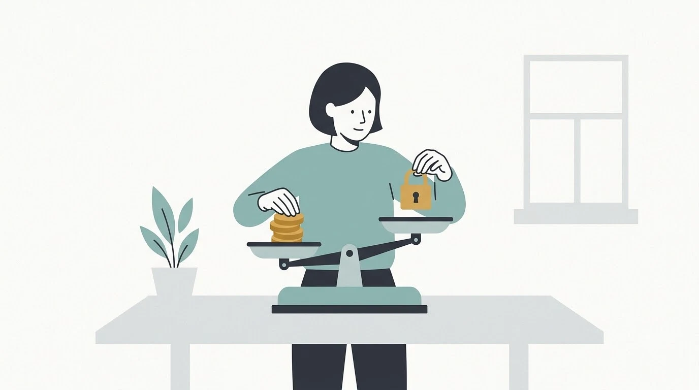 A person balancing a stack of coins and a small padlock on a scale to weigh savings against security.