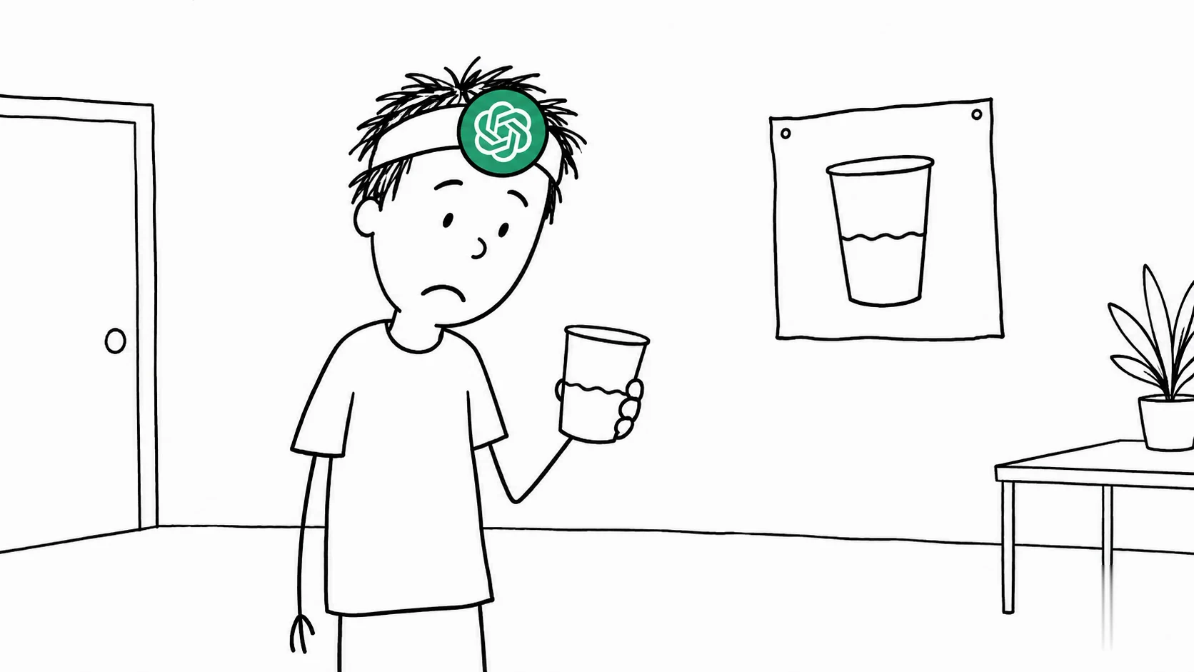 A baffled person looks at a half-empty paper cup while the sign behind them stays the same.