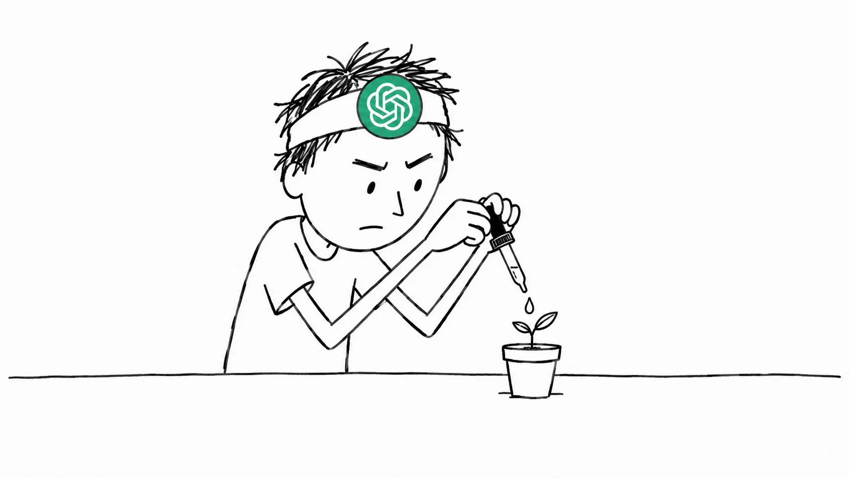 헝클어진 머리의 사람이 집중한 표정으로 스포이트를 두 손에 쥐고 작은 화분의 새싹에 물을 줍니다.