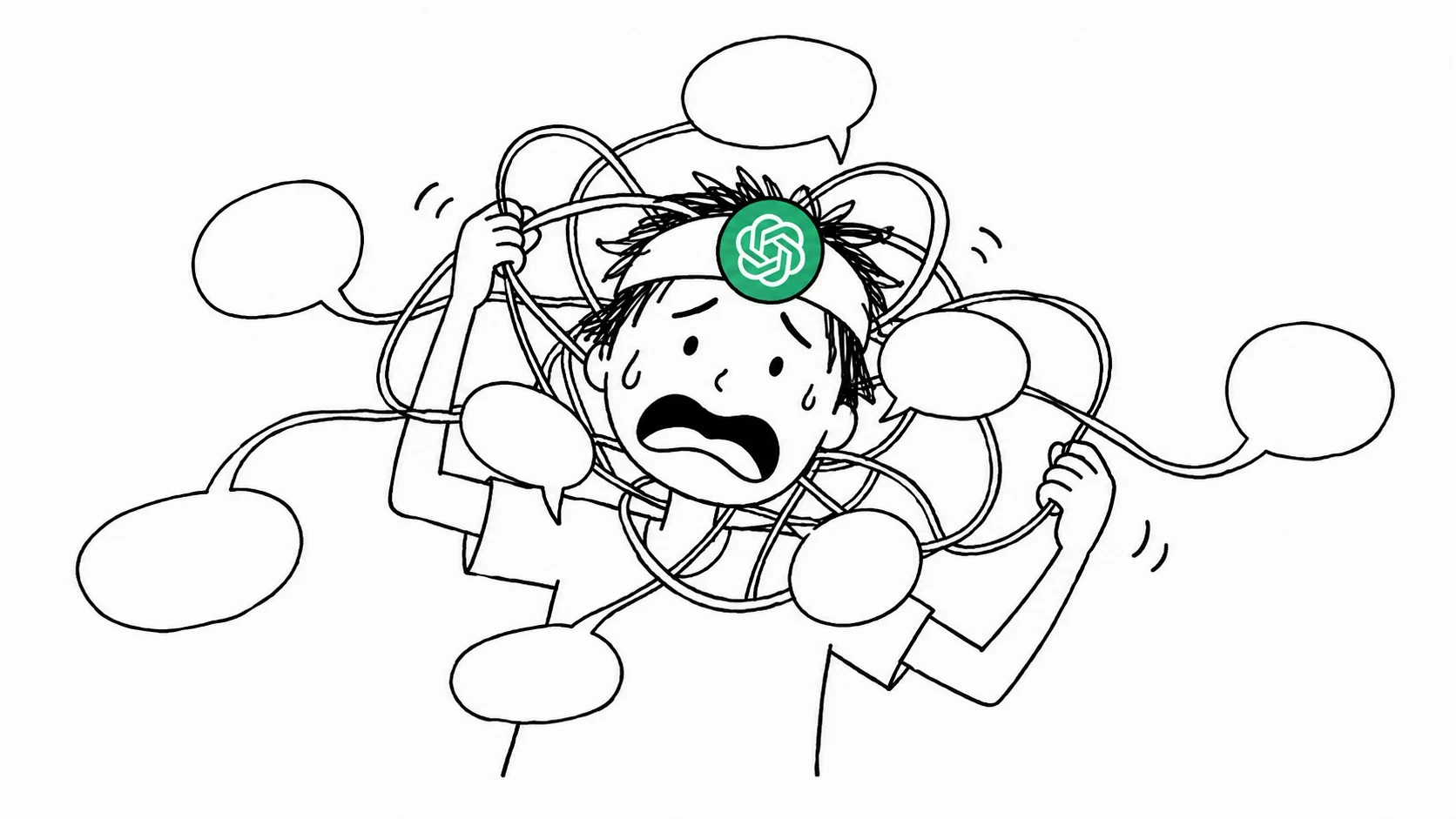 A messy-haired person panics with a tangled ball of blank speech bubbles wrapped around their head.