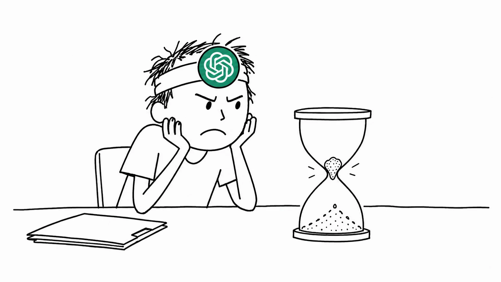 A messy-haired person beside a closed folder glares at an hourglass with a giant grain stuck inside.