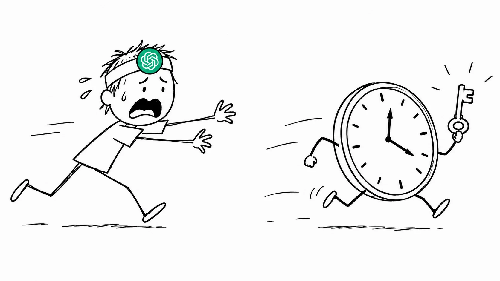 A person with messy hair looks panicking as a wall clock with legs runs away holding a key.