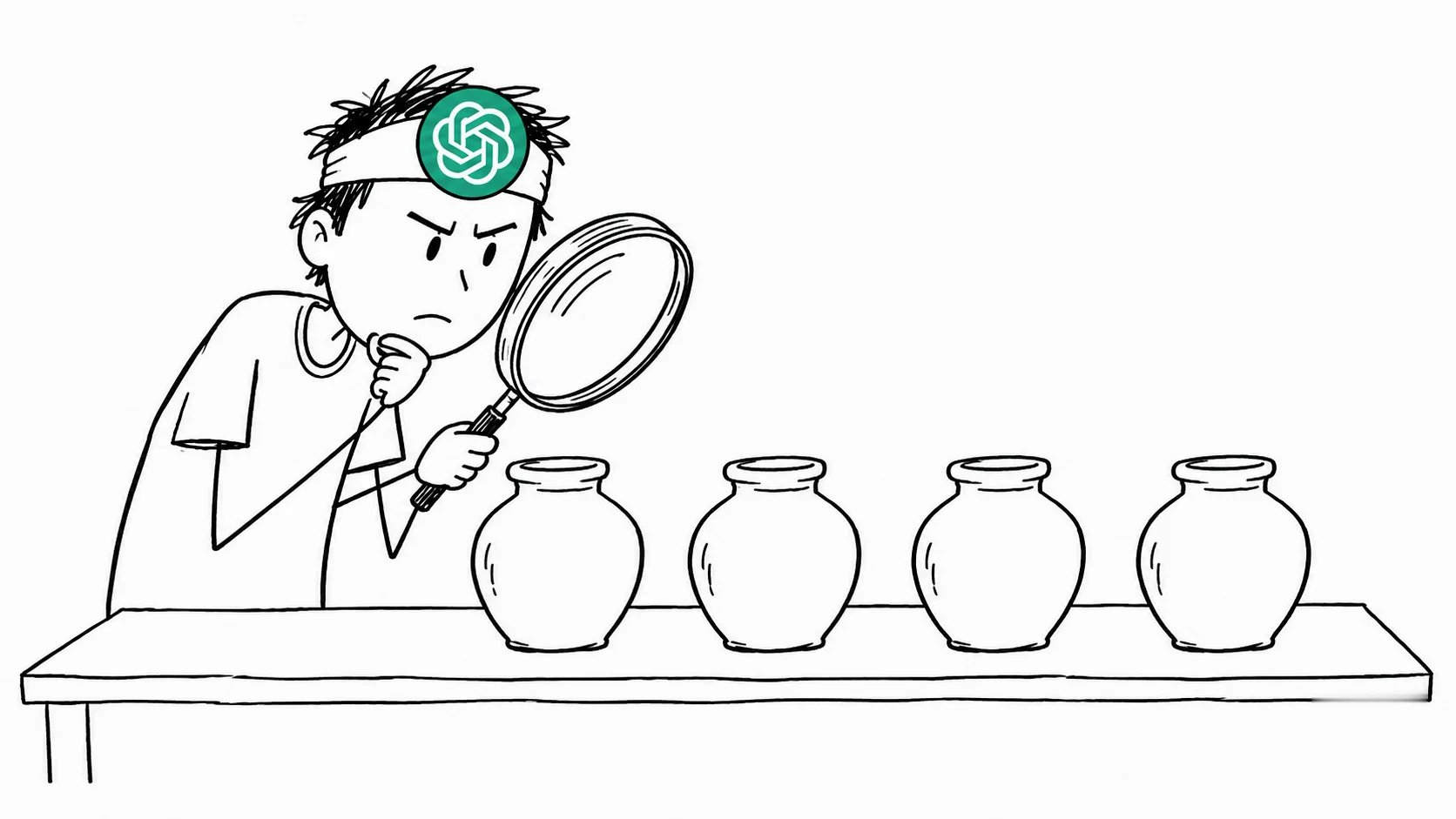 A person with messy hair looks suspicious while using a big magnifying glass on four small jars.