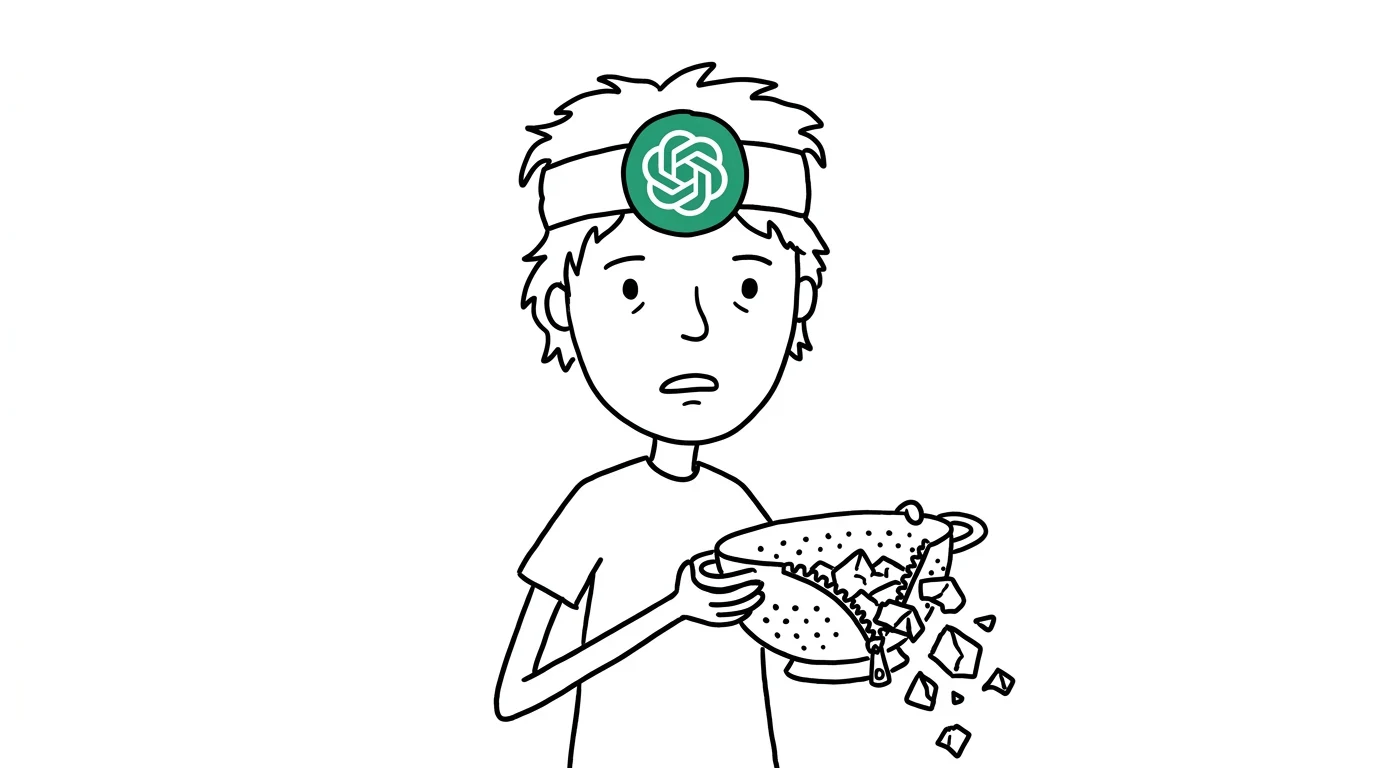 A bewildered person holds a colander that unzips its own side to let jagged stones escape.