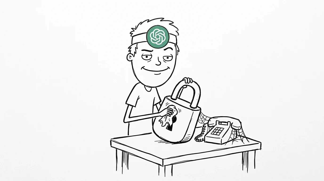 A smug person polishes a large padlock beside a telephone covered in cobwebs.