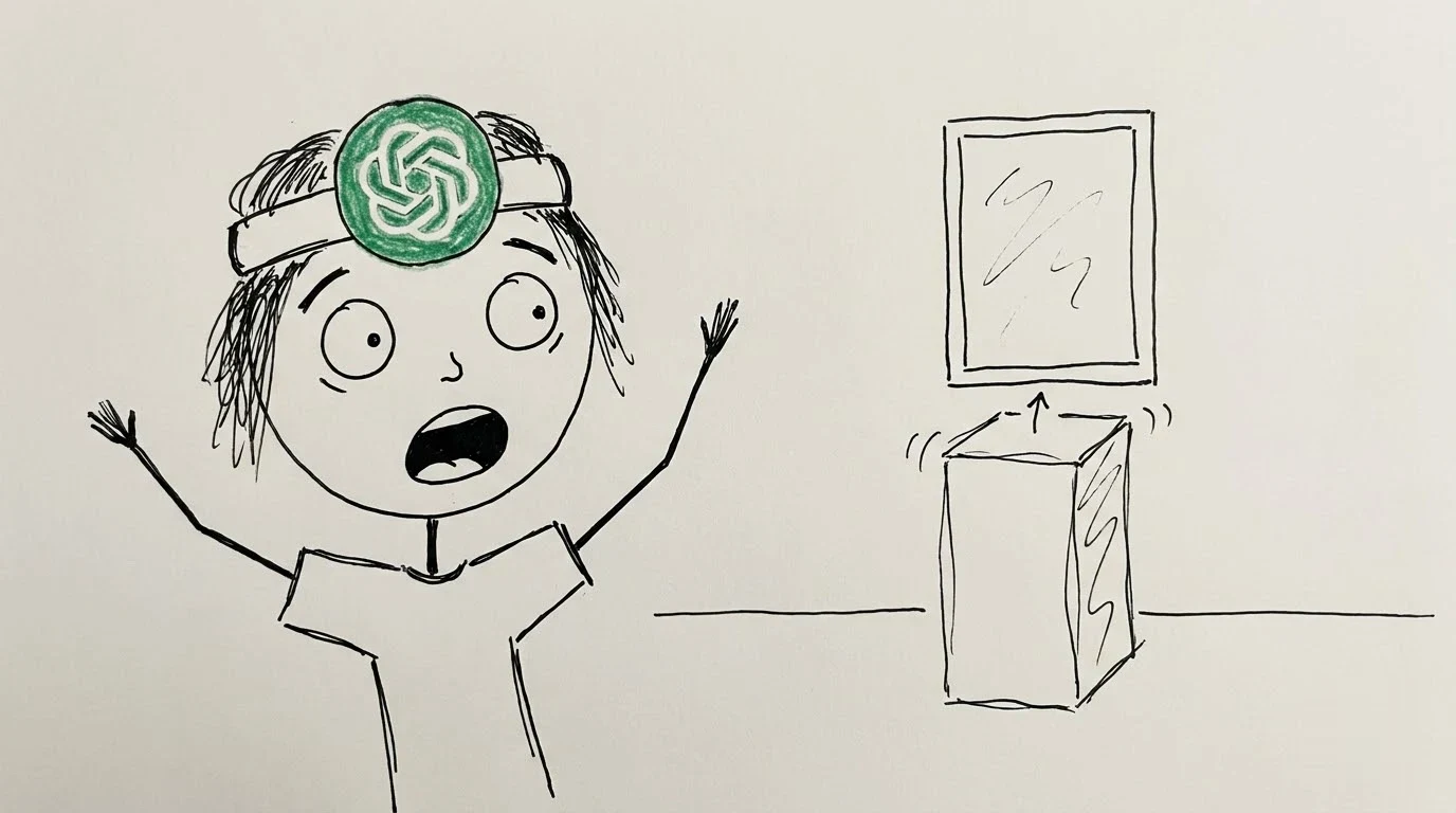 A shocked person watches a product pedestal block a slowly developing picture.