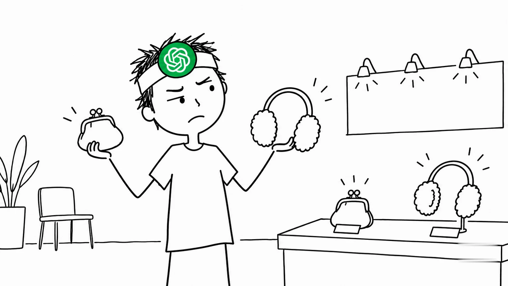 A skeptical person weighs a coin purse against earmuffs near a product display.