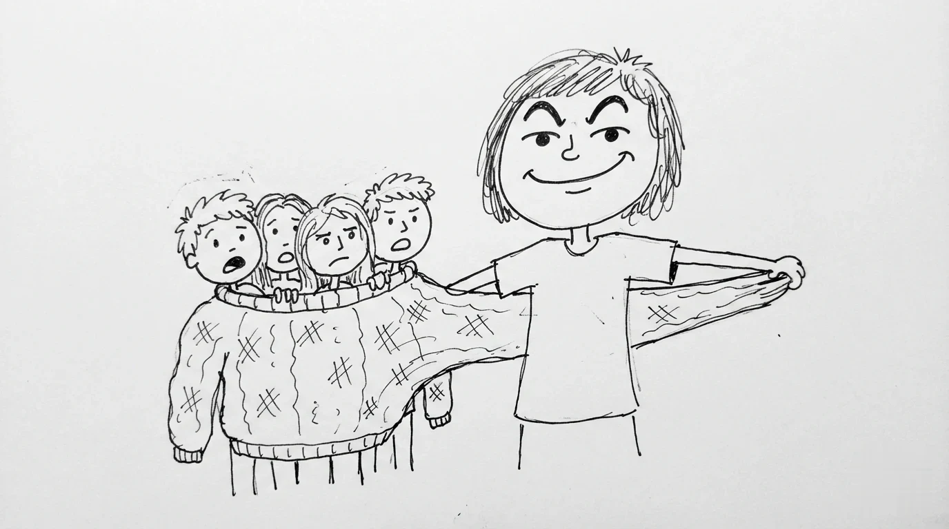 A person with messy hair smiles proudly while wrapping four friends inside one giant sweater.
