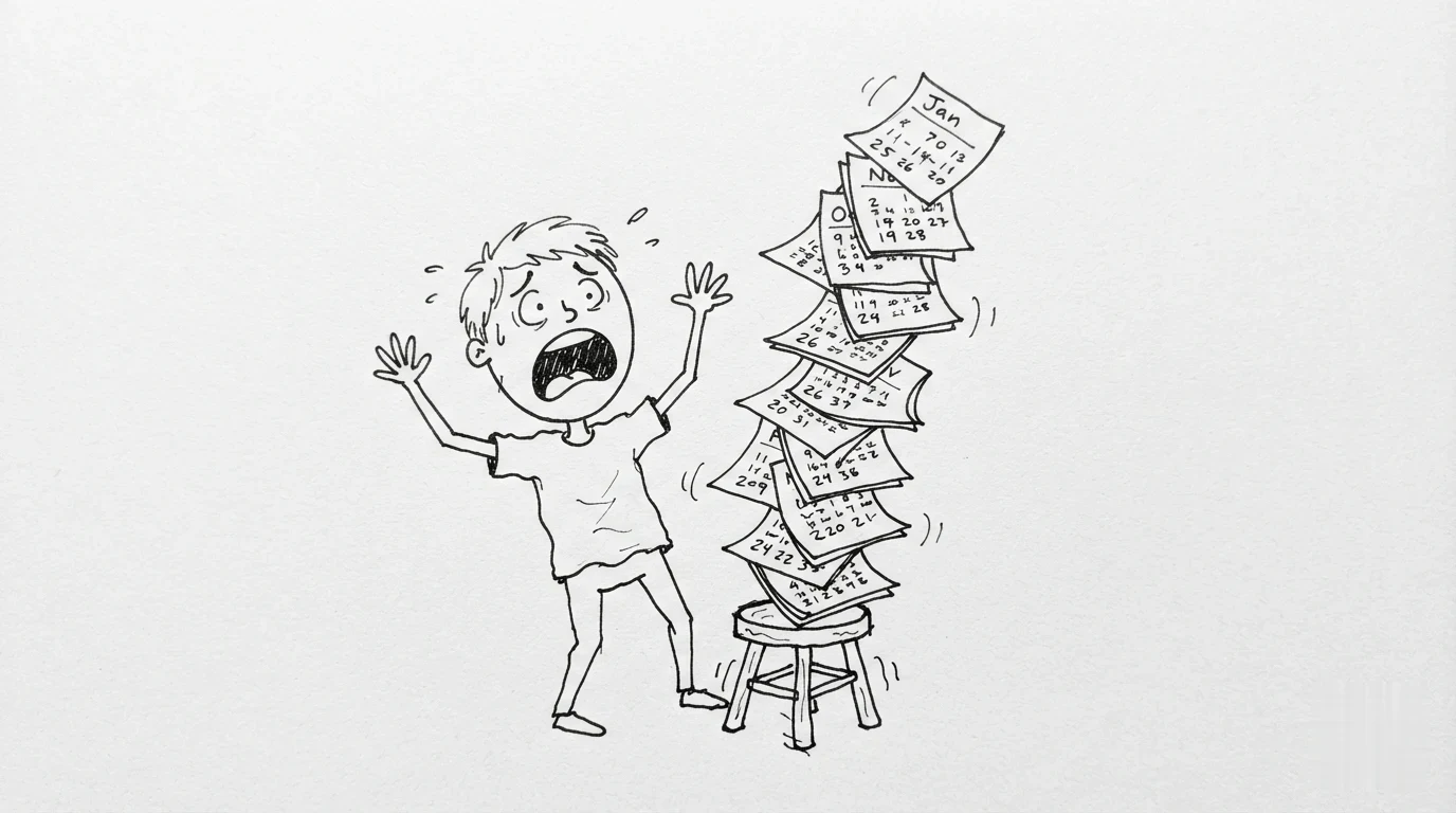 A worried person with messy hair tries to keep a tall, leaning stack of calendar pages from falling.