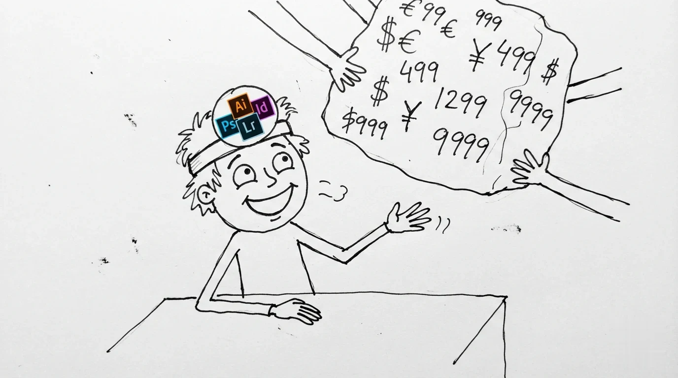 A person with messy hair and three other hands lifting a giant price block together.