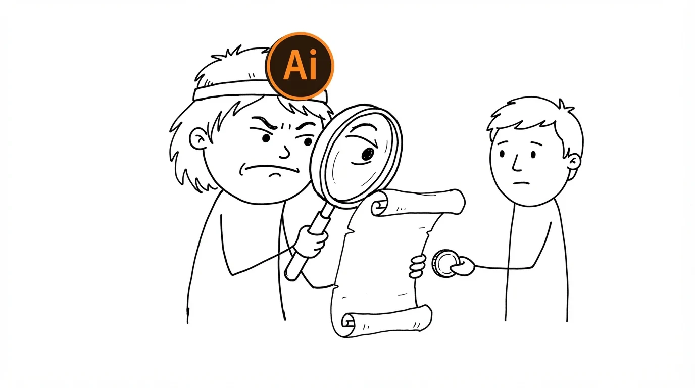 A person using a giant magnifying glass to inspect a scroll before sharing a coin.