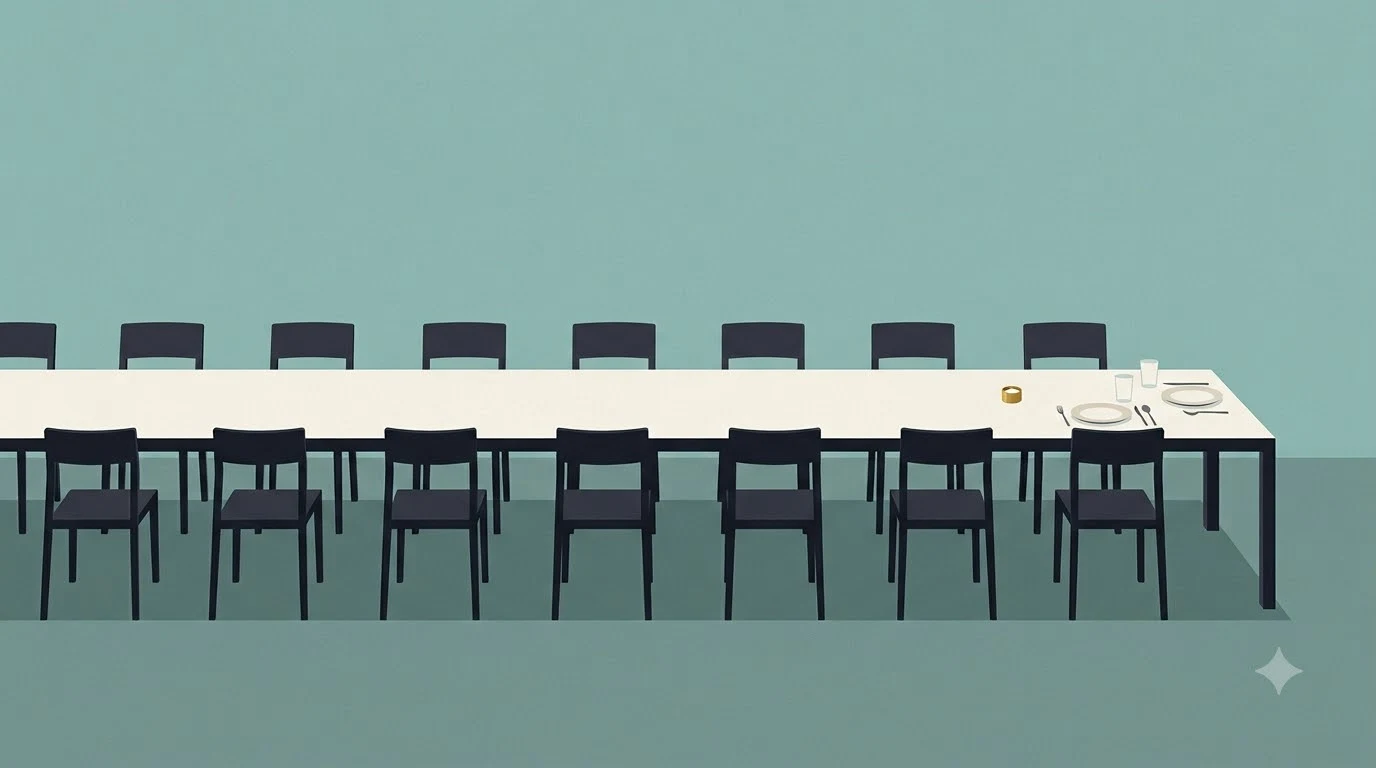 A long table set for one person, with empty chairs along both sides