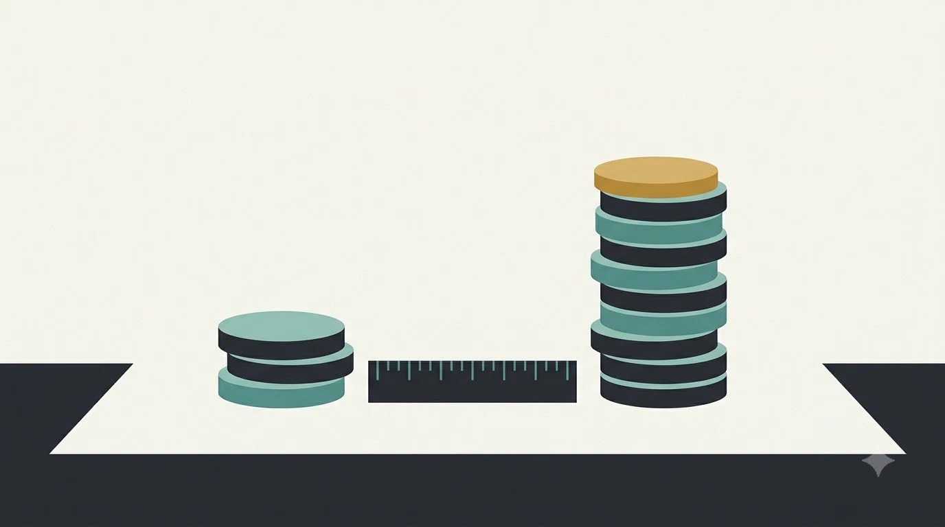 A tall stack of coins beside a much shorter one, a ruler between them