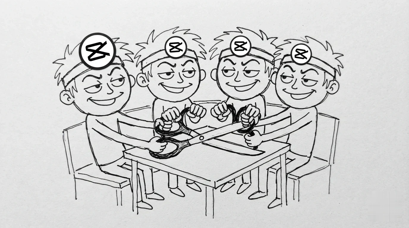 A messy-haired person and three friends squeezed together, looking smug while sharing one giant pair of scissors.