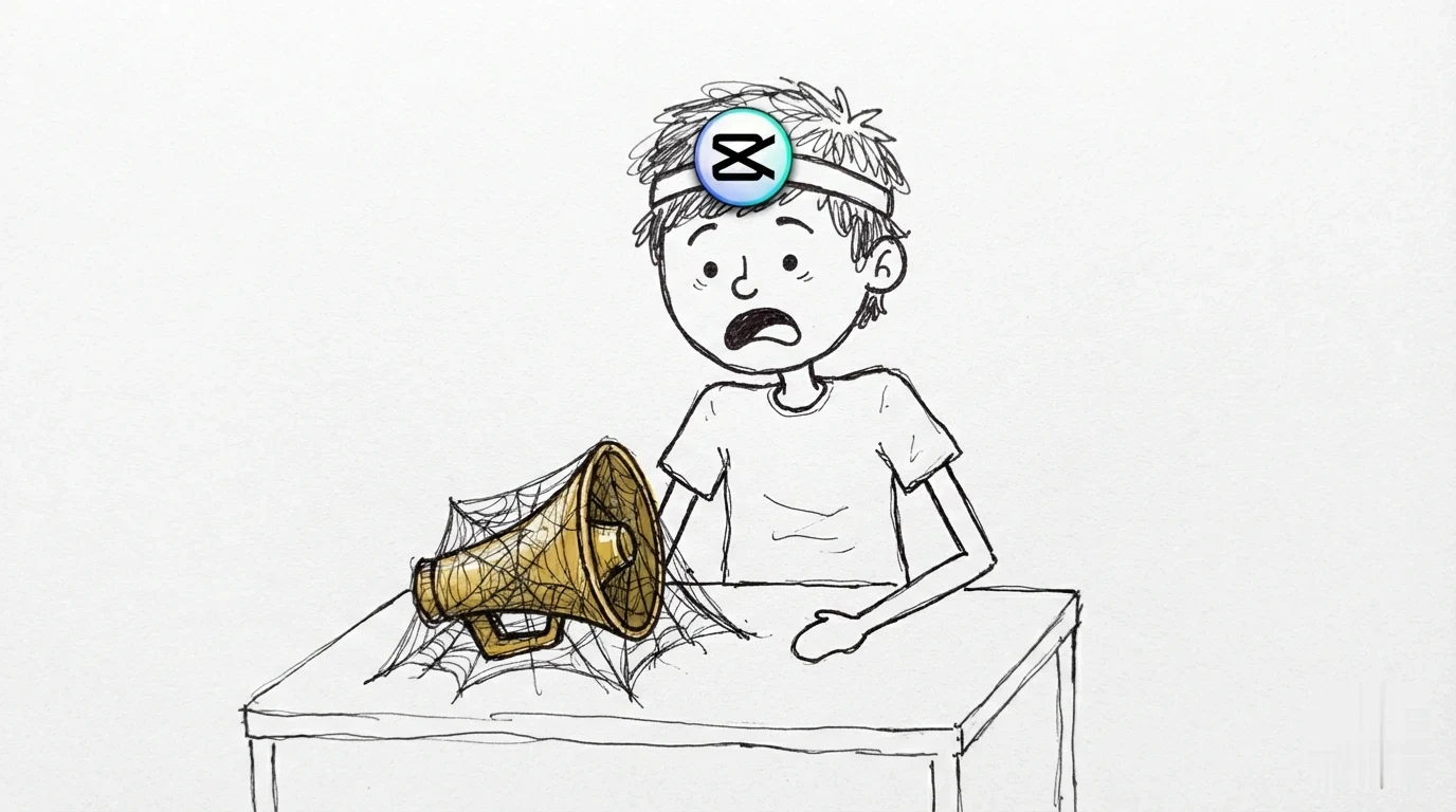 A person with messy hair looks bewildered at a fancy golden megaphone covered in thick cobwebs on a desk.