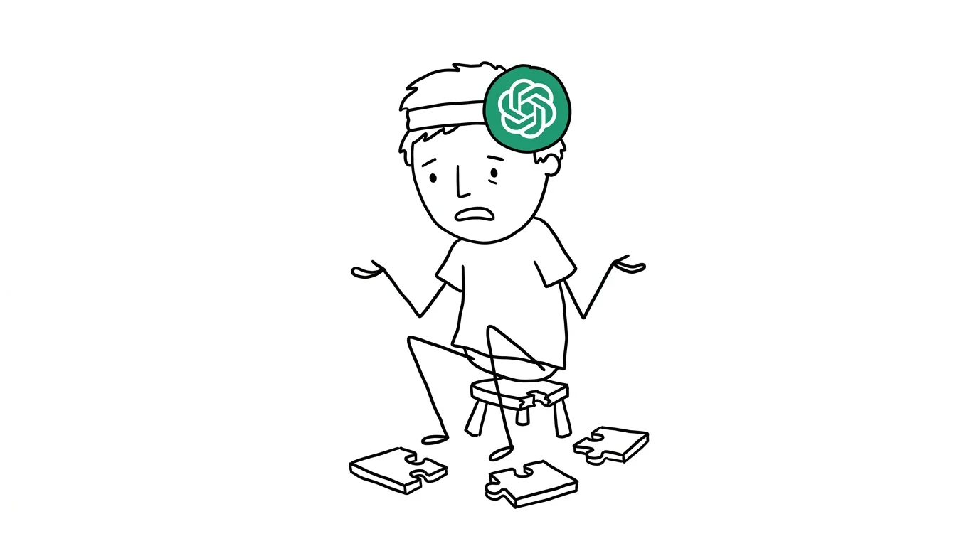 산발 머리의 인물이 4조각으로 나누어진 작은 의자 위에 겨우 앉아 어리둥절해하는 모습입니다.