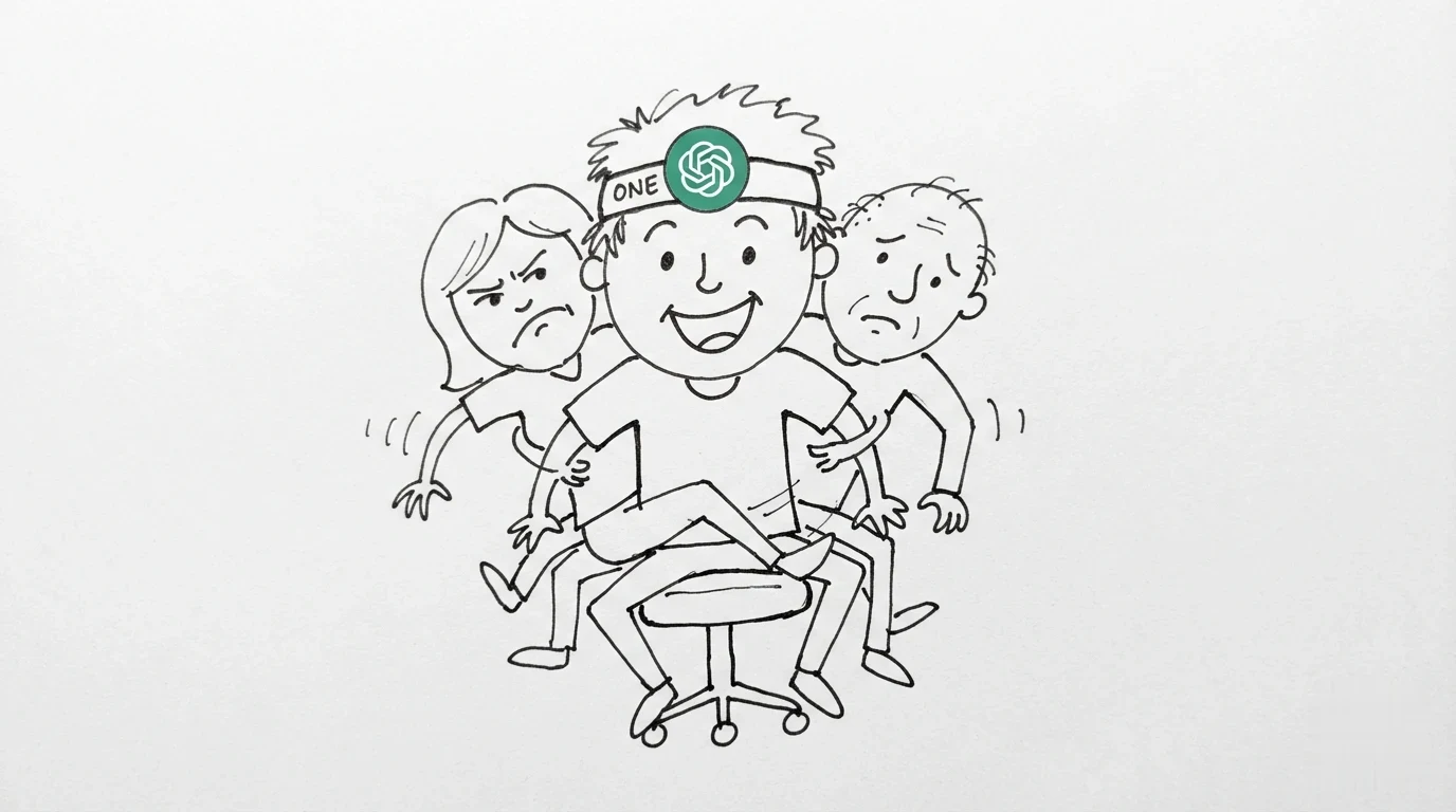 A person squeezed onto a single desk chair with two others, looking cheerful.