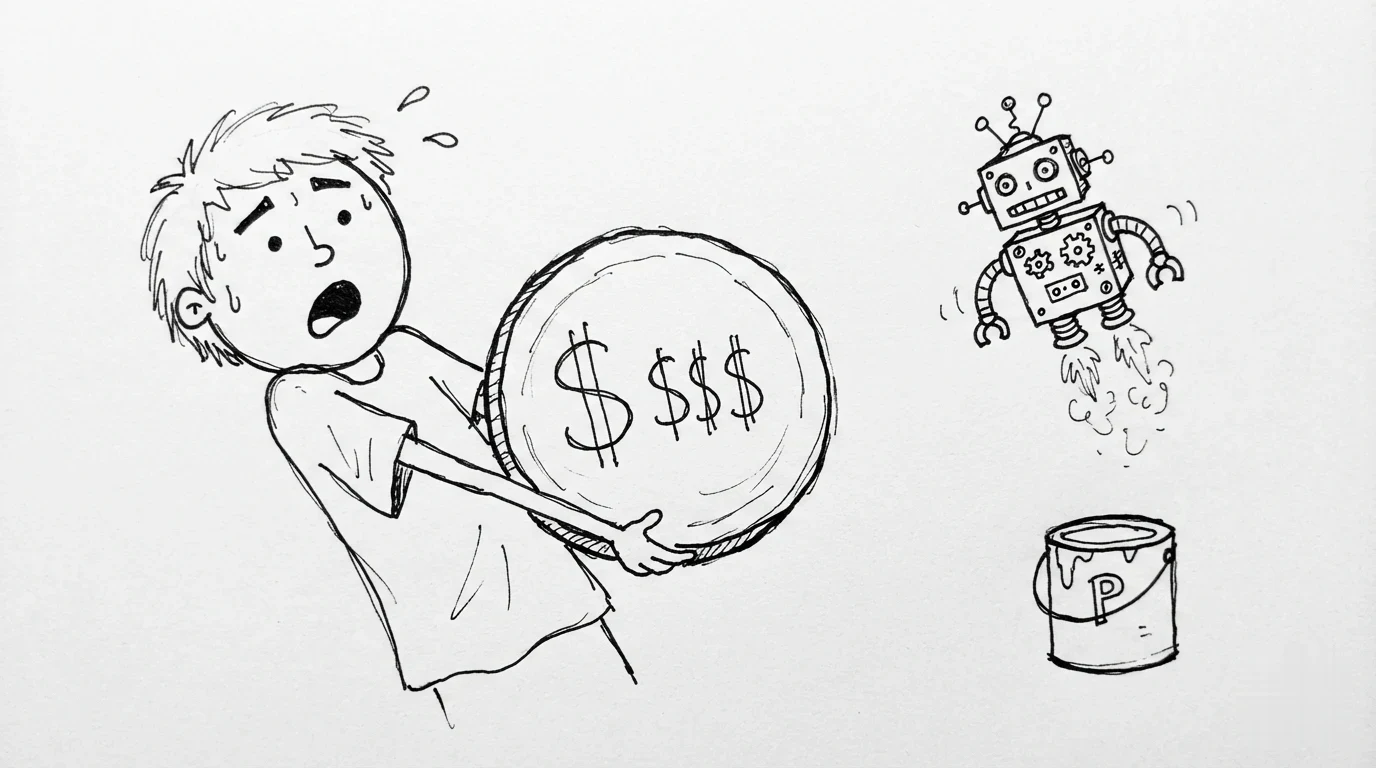 A person carries a giant coin to buy a simple paint bucket while a flying robot hovers nearby.