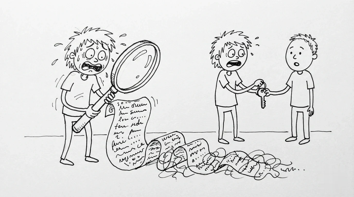 A person anxiously examines a giant paper scroll with a huge magnifying glass before sharing a key.