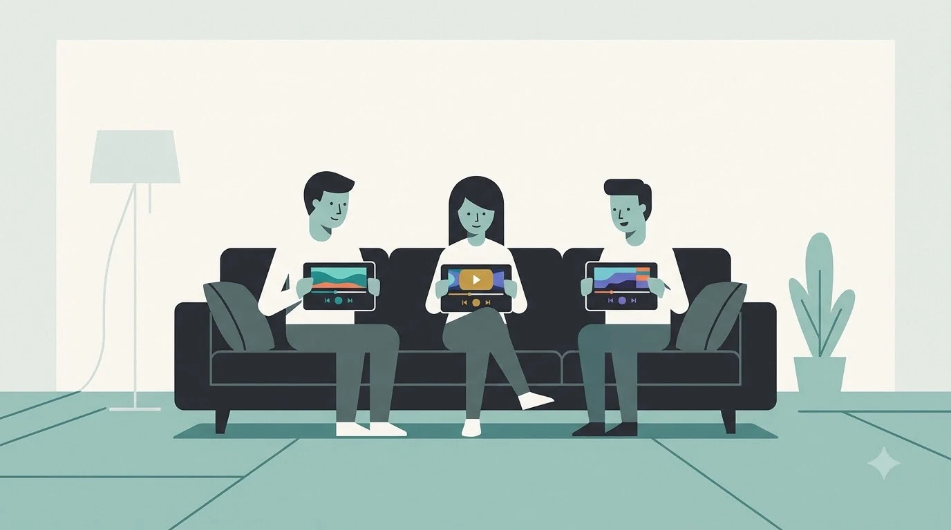 Three people sitting on a living room sofa, each watching videos on their own tablet.
