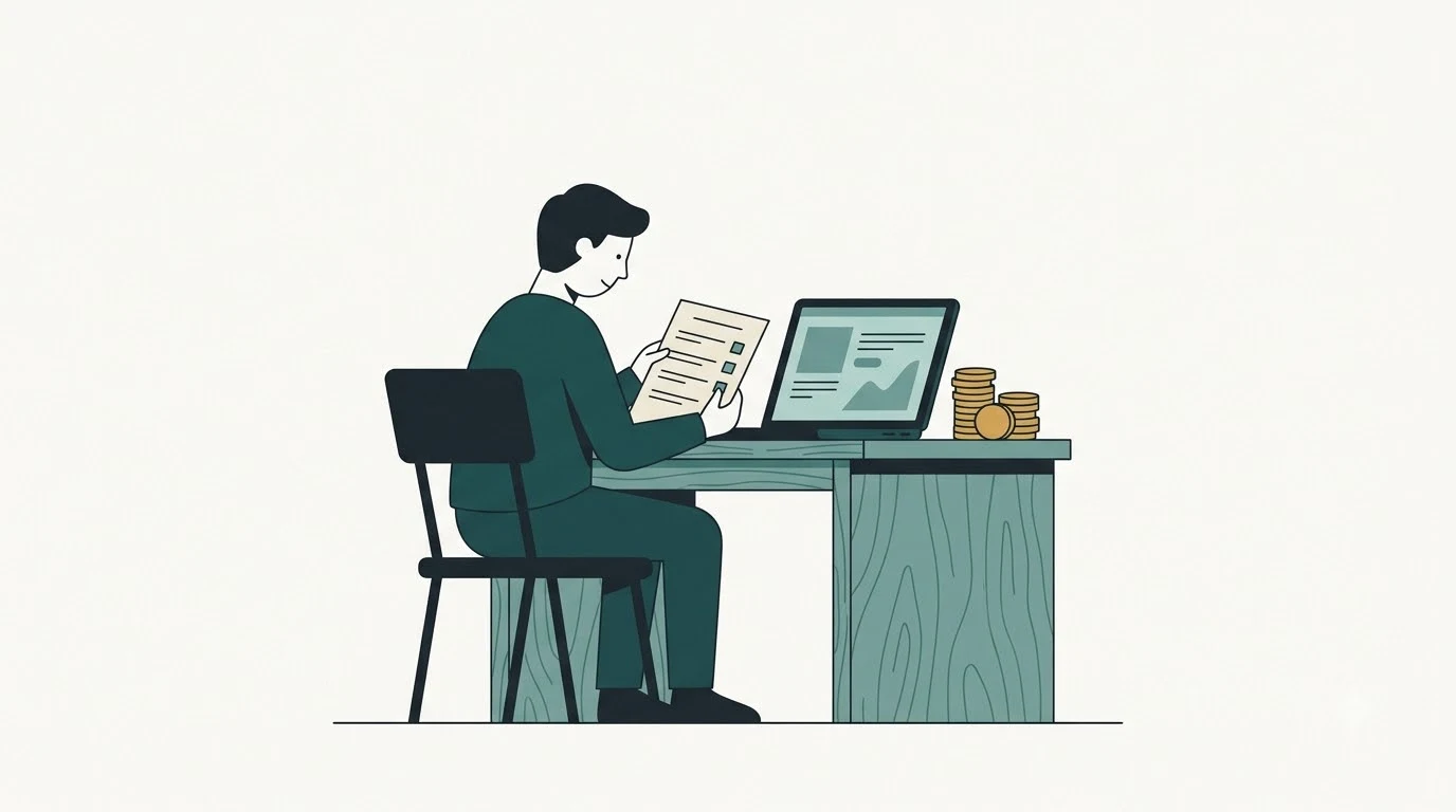 A person at a wooden desk looking at a paper checklist next to a laptop and coins.