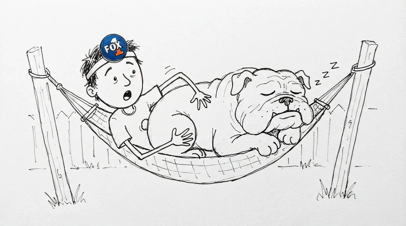 A person with messy hair looks bewildered while squished into a tiny hammock next to an oversized bulldog.