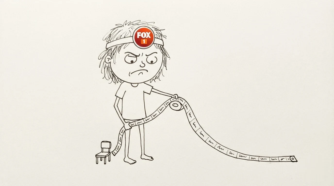 A person with messy hair looks skeptical while measuring a tiny toy chair with a huge tape measure.