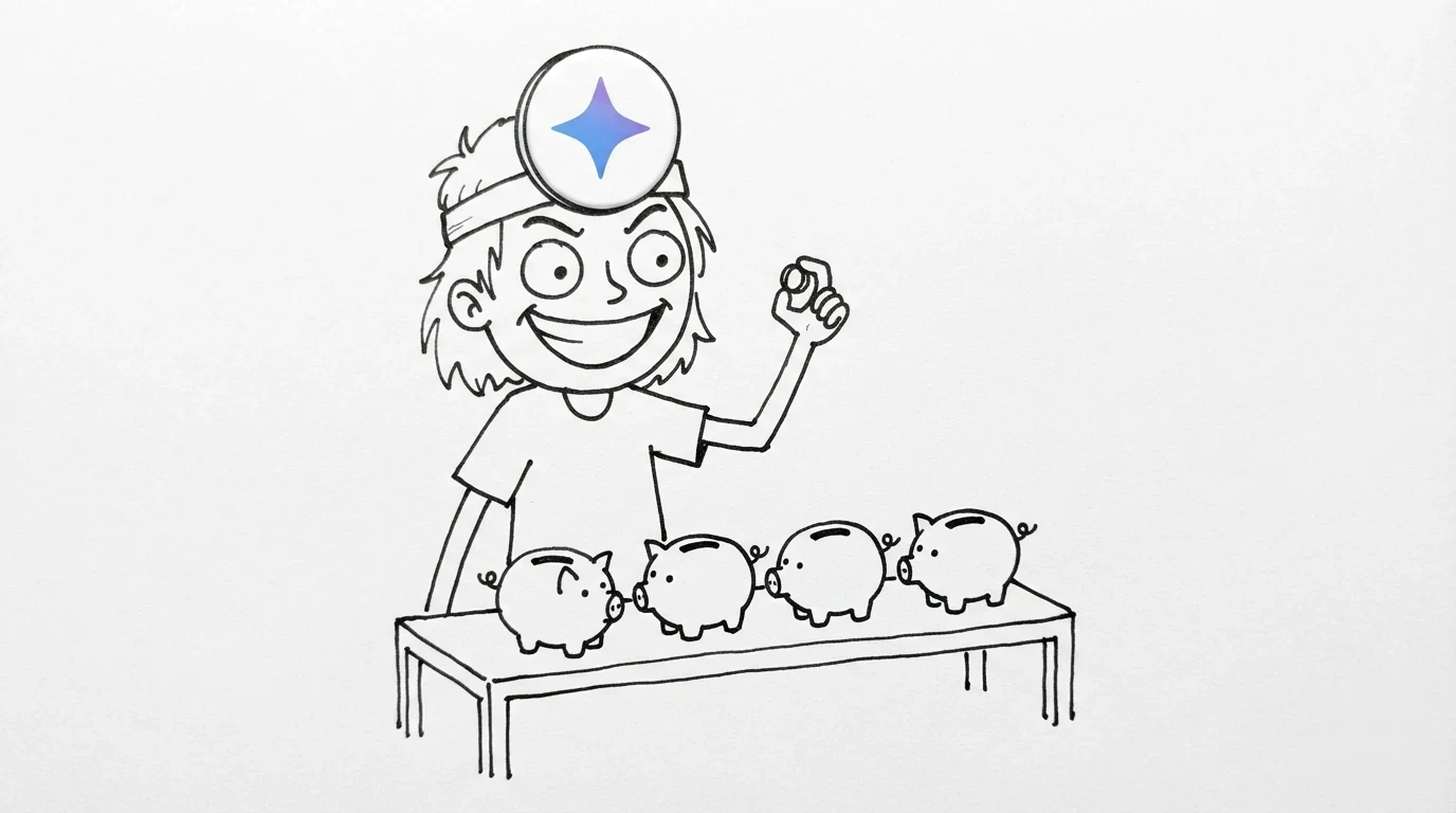 A person with messy hair holds a single tiny coin above five empty piggy banks on a bench.