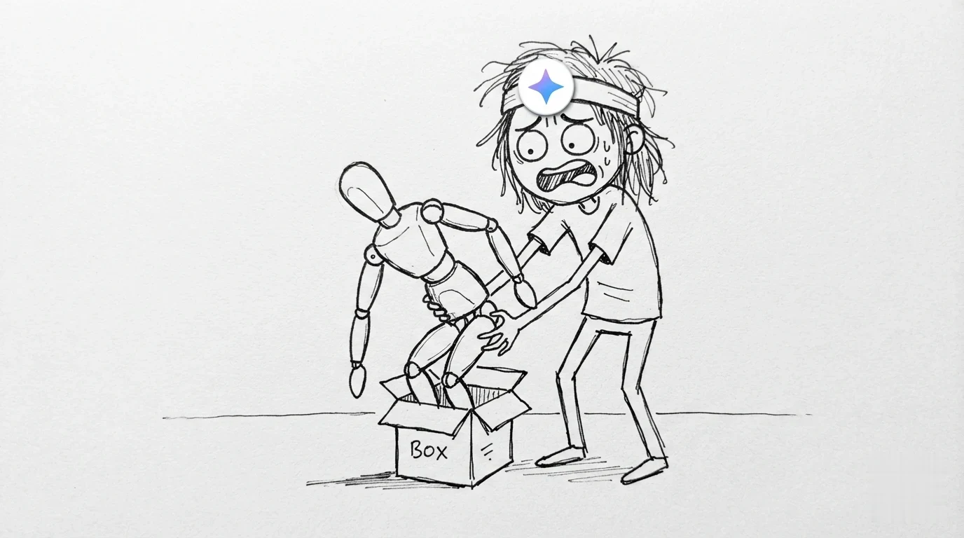 A person with messy hair tries to stuff a large mannequin into a small cardboard box.