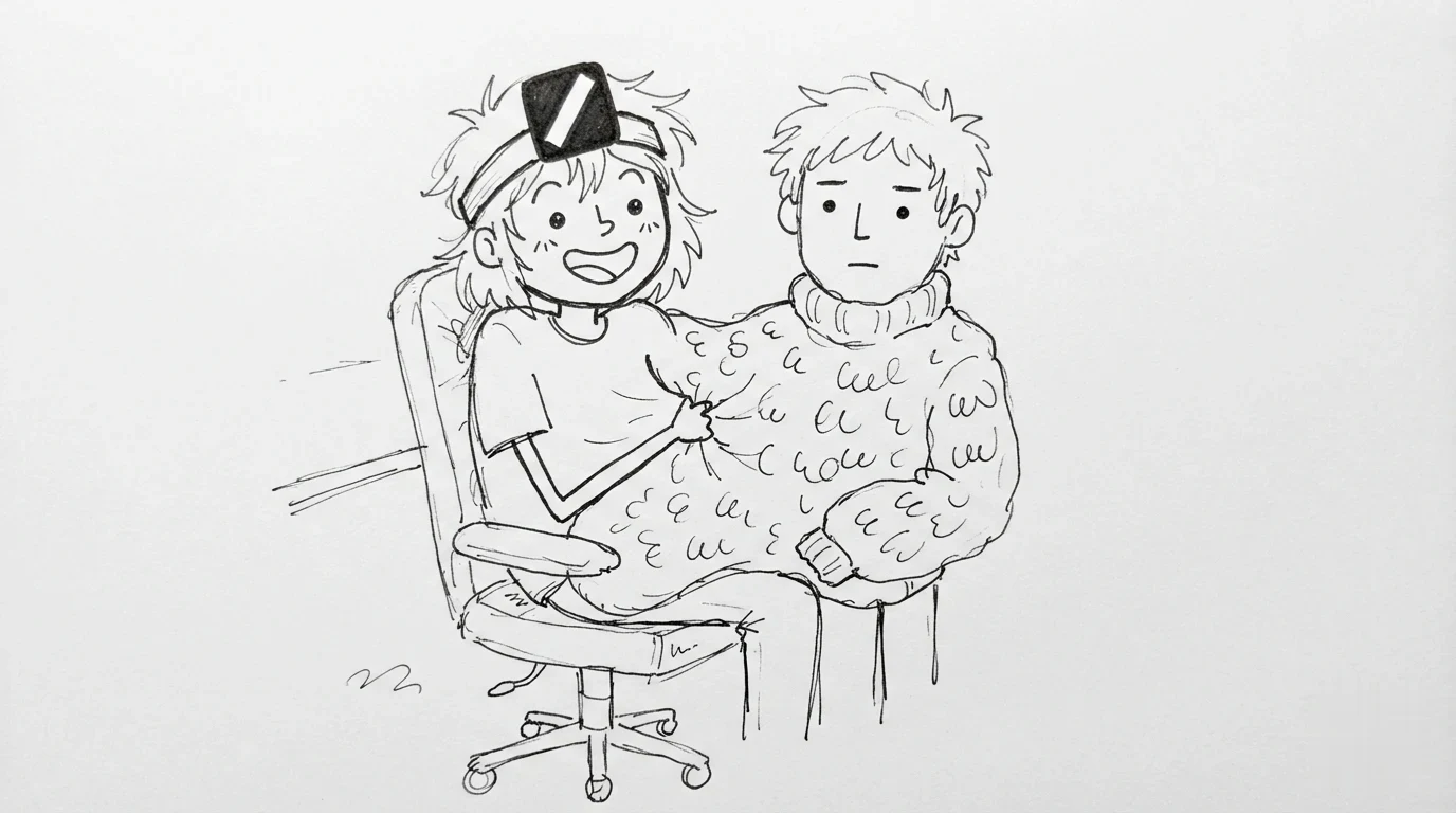 Doodle of a person with messy hair sharing a giant two-person sweater with another person in one chair.