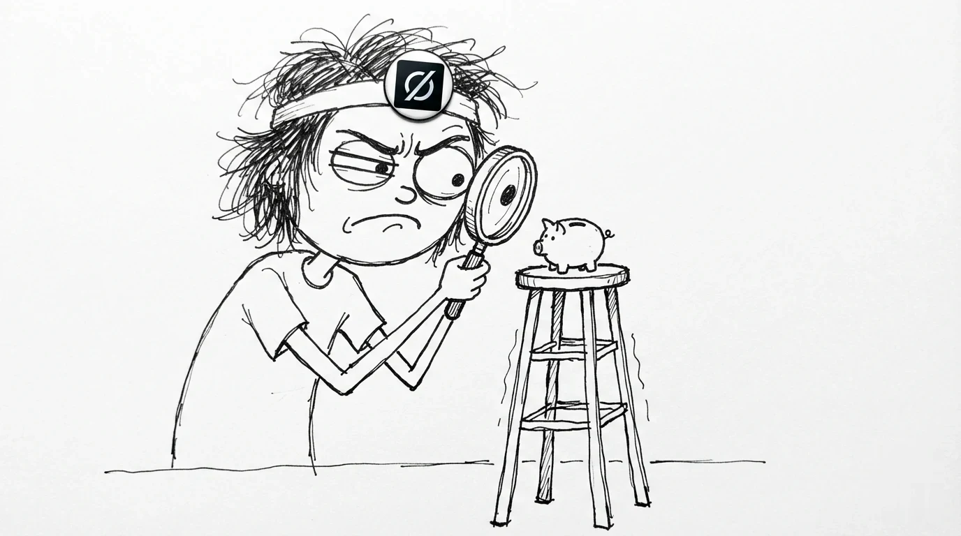 Doodle of a person with messy hair closely examining a tiny piggy bank with a giant magnifying glass.