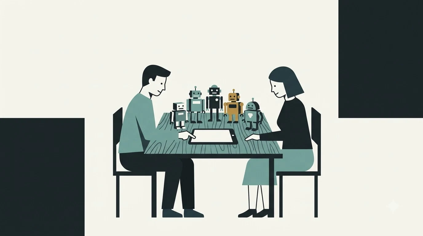 Two people sitting at a desk with a shared tablet and several small robot figurines.