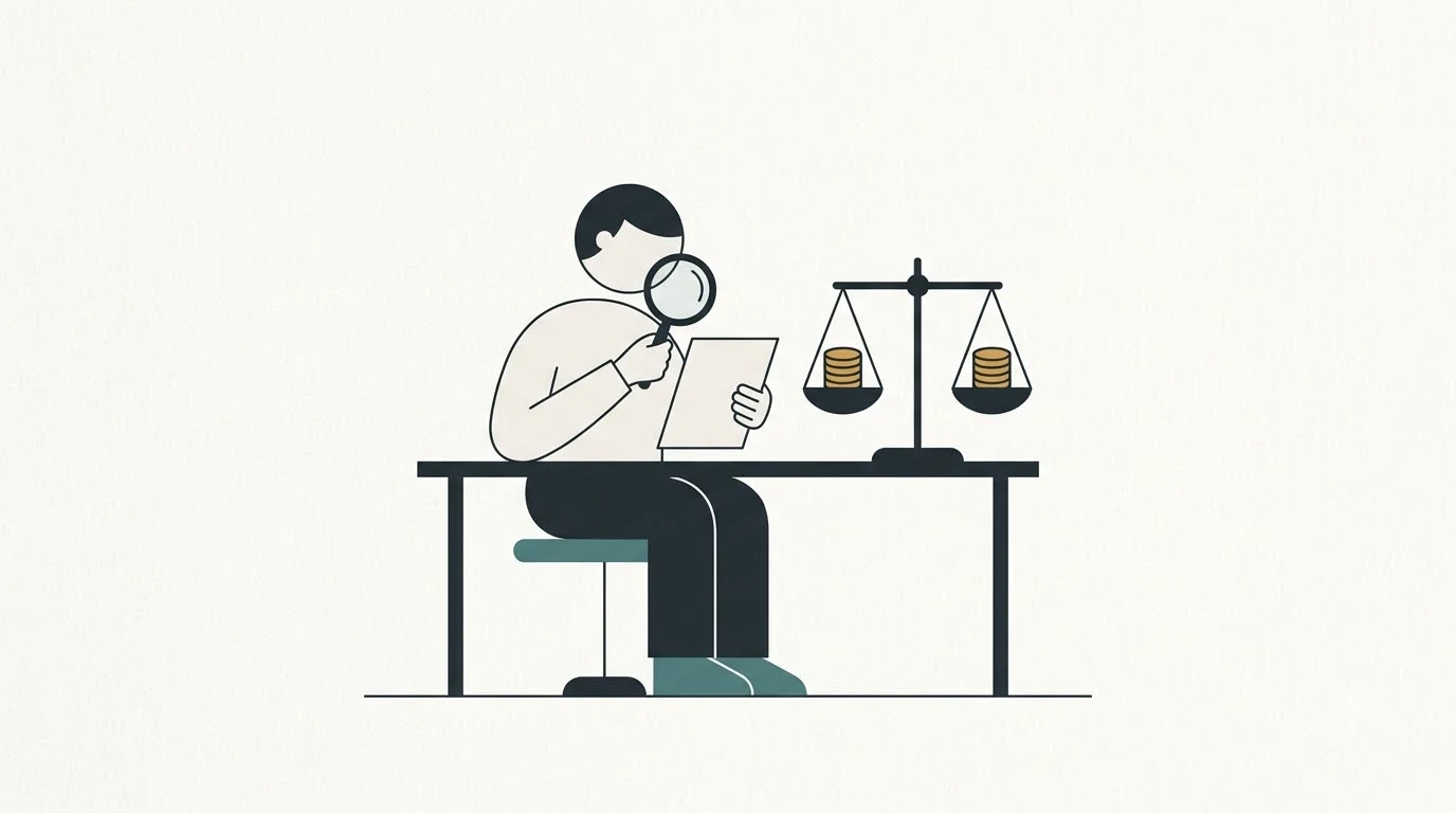 A person studying a document with a magnifying glass next to a scale balancing two coin stacks.