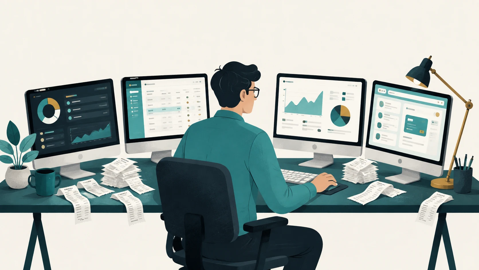 An illustration of a person at a desk surrounded by four computer screens and paper receipts.