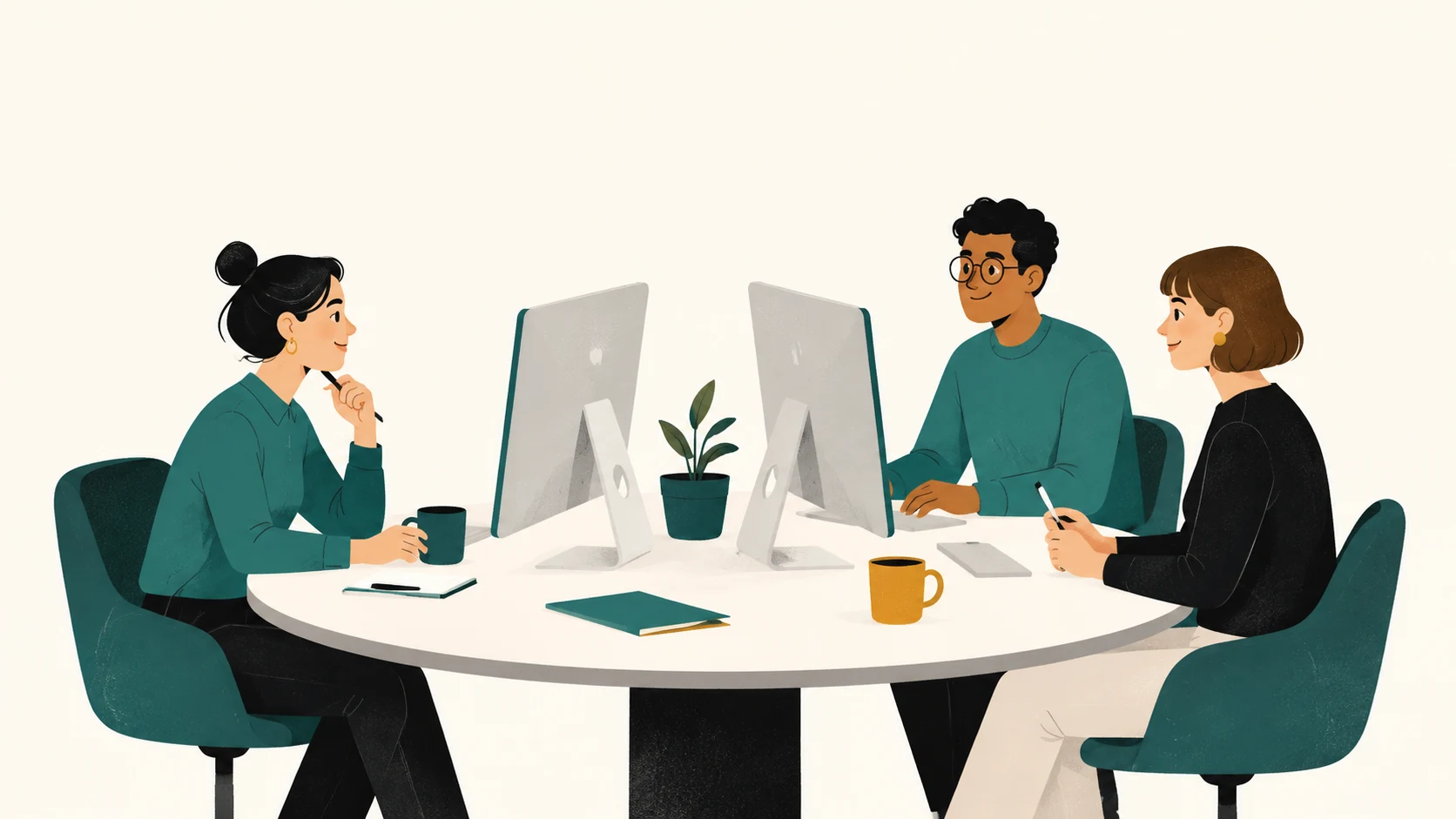 An illustration of three people sharing two computer screens at a round table.