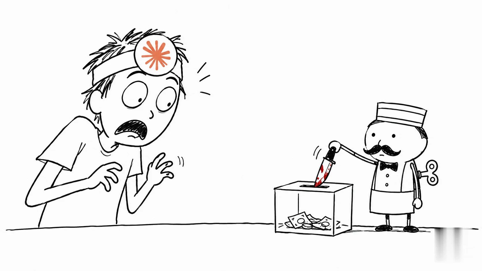 A shocked person watches a wind-up clerk submit a fake bloodstained knife.