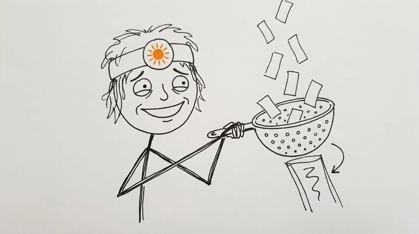 A relieved person watches a colander stop blank forms from entering a submission chute.
