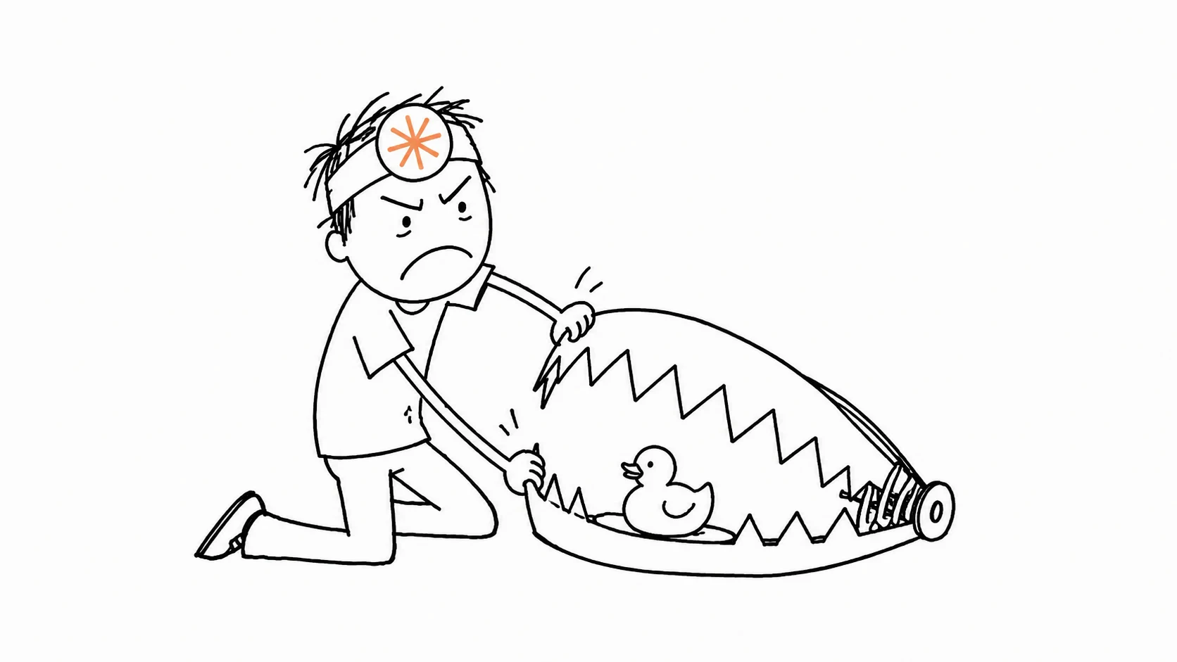 헝클어진 머리의 사람이 분개한 표정으로 무릎을 꿇고 작은 고무 오리가 물린 커다란 덫을 벌리고 있습니다.