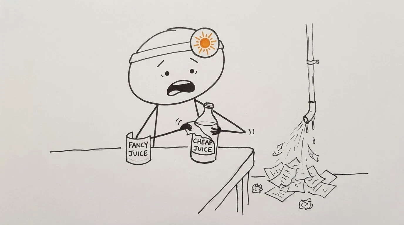 헝클어진 머리의 사람이 비싼 주스병 라벨을 떼자 다른 라벨이 나오고, 옆 관에서 종이가 흘러내립니다.