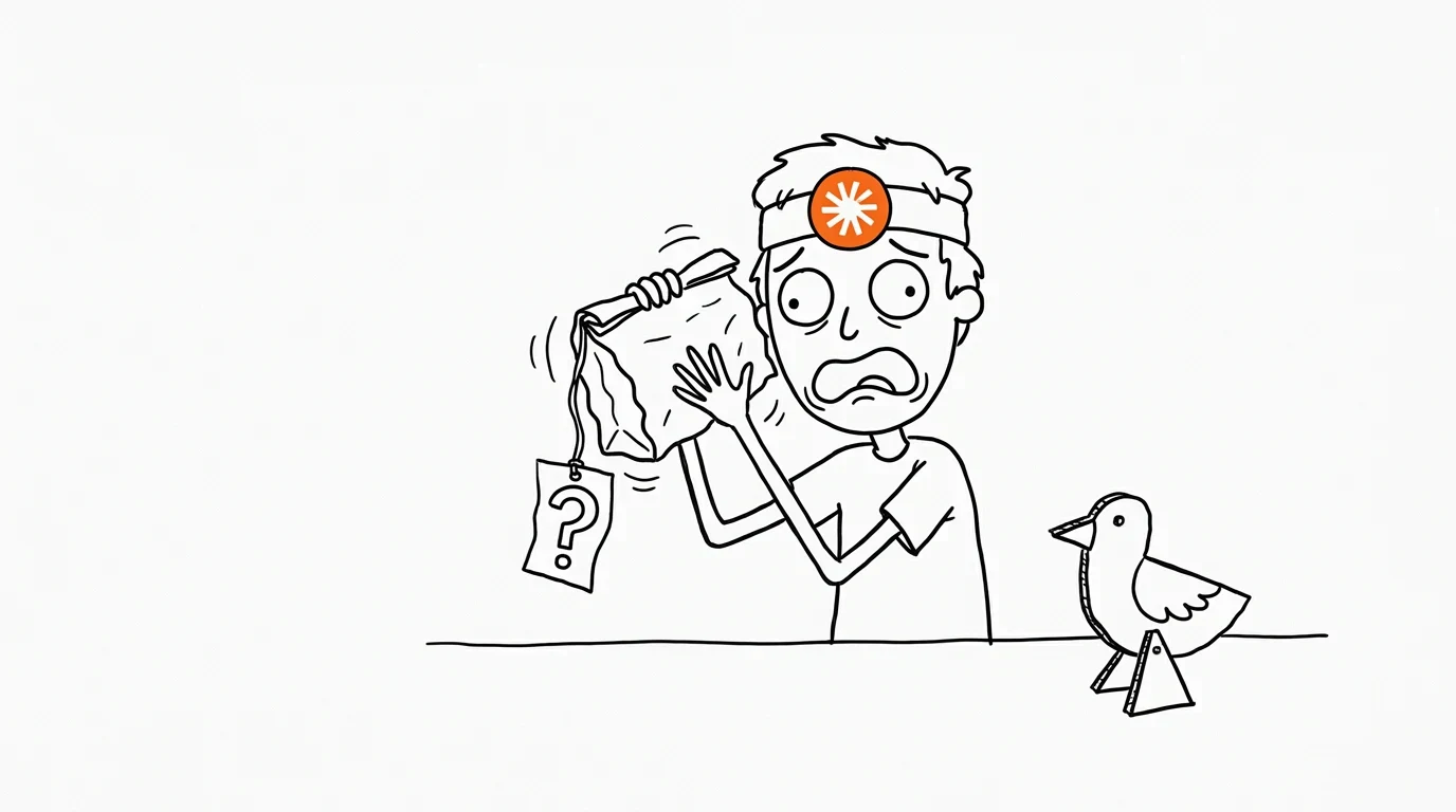 A panicking person shakes a sealed paper bag, unsure what is really inside it.