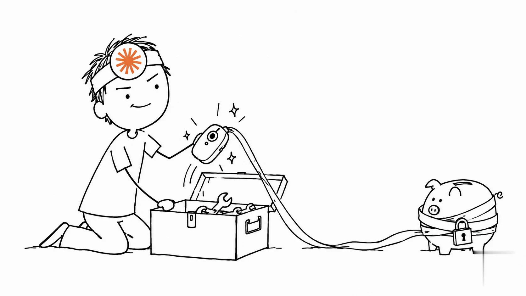 A smug person adds a new gadget to a toolbox while a ribbon from it reaches toward a padlocked piggy bank.