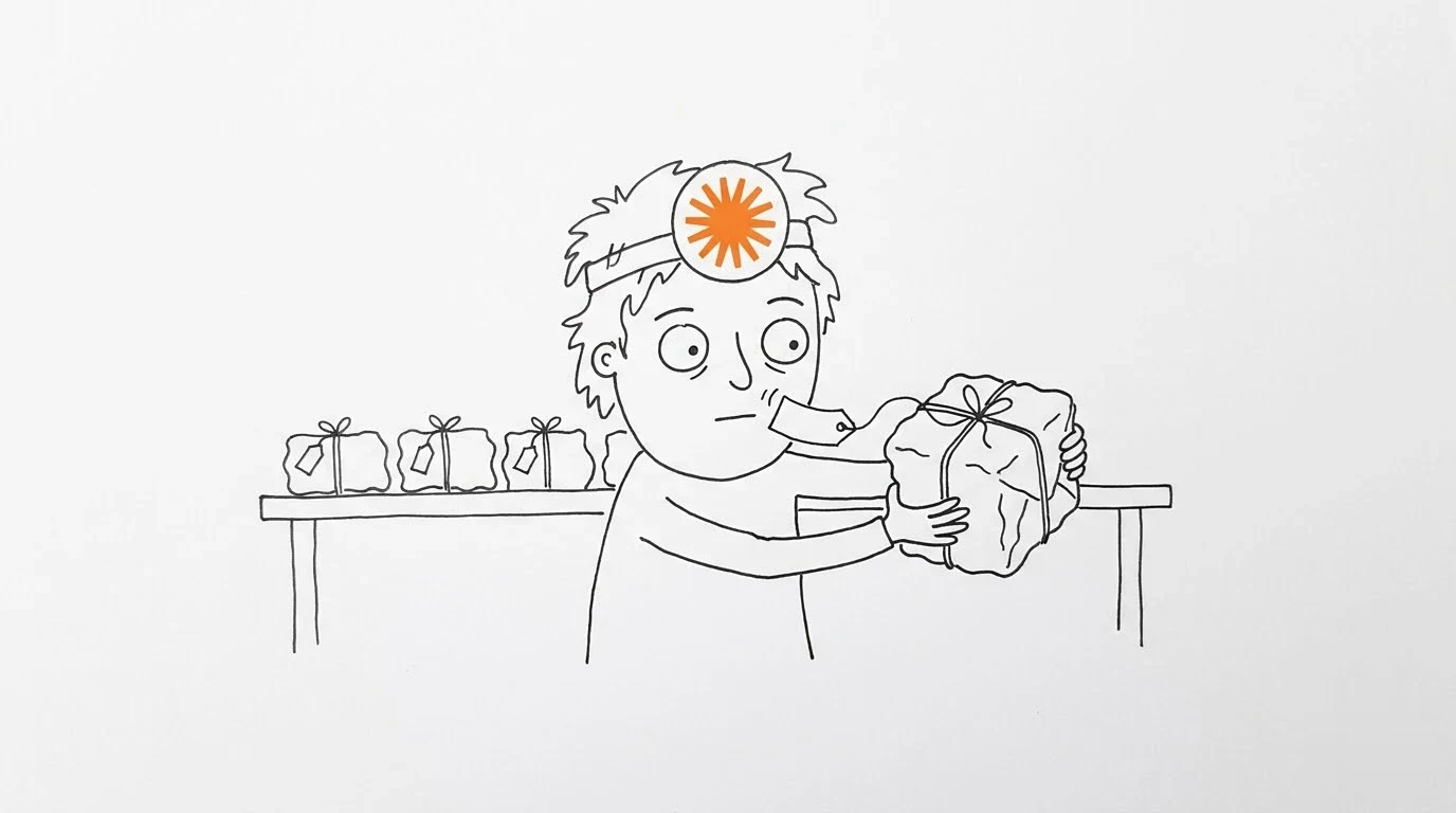 A cautious person sniffs the tag on a sealed parcel while other parcels wait on a table.