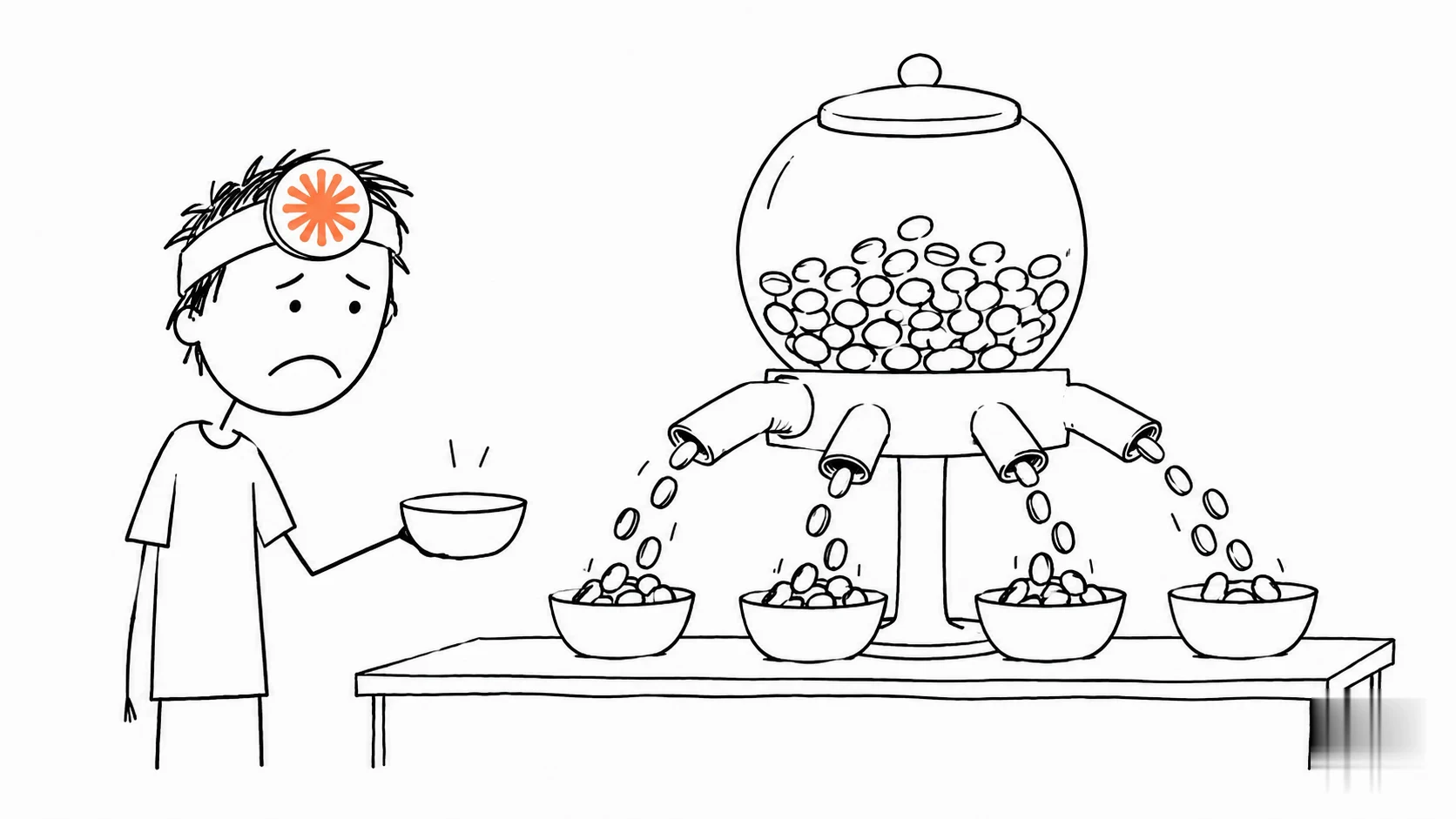 헝클어진 머리의 사람이 공용 동전 배급기 앞에서 작은 그릇을 들고 실망합니다.