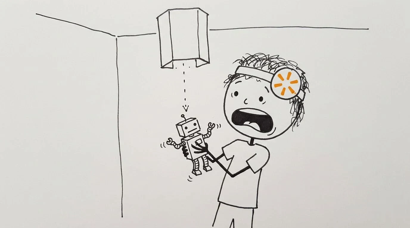 A shocked messy-haired person catches a compact robot falling from a delivery chute.