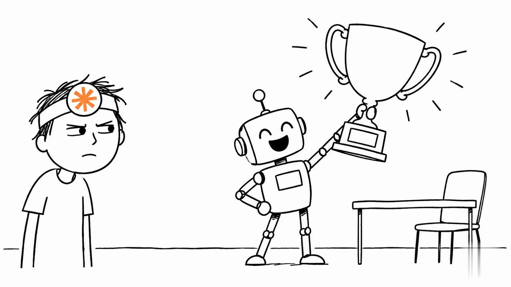 A suspicious person watches a robot give itself a trophy beside an empty judge's chair.