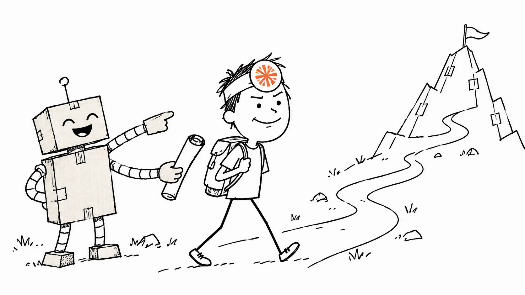 A smug teen hiker follows a route handed over by a grinning cardboard robot toward a tall mountain.