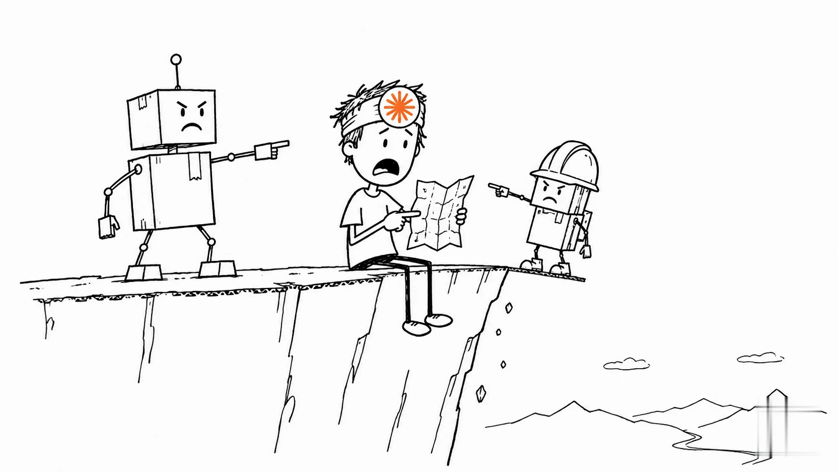 A shocked hiker stuck on a cliff ledge holds a crumpled map while a robot and a rescuer point at each other.