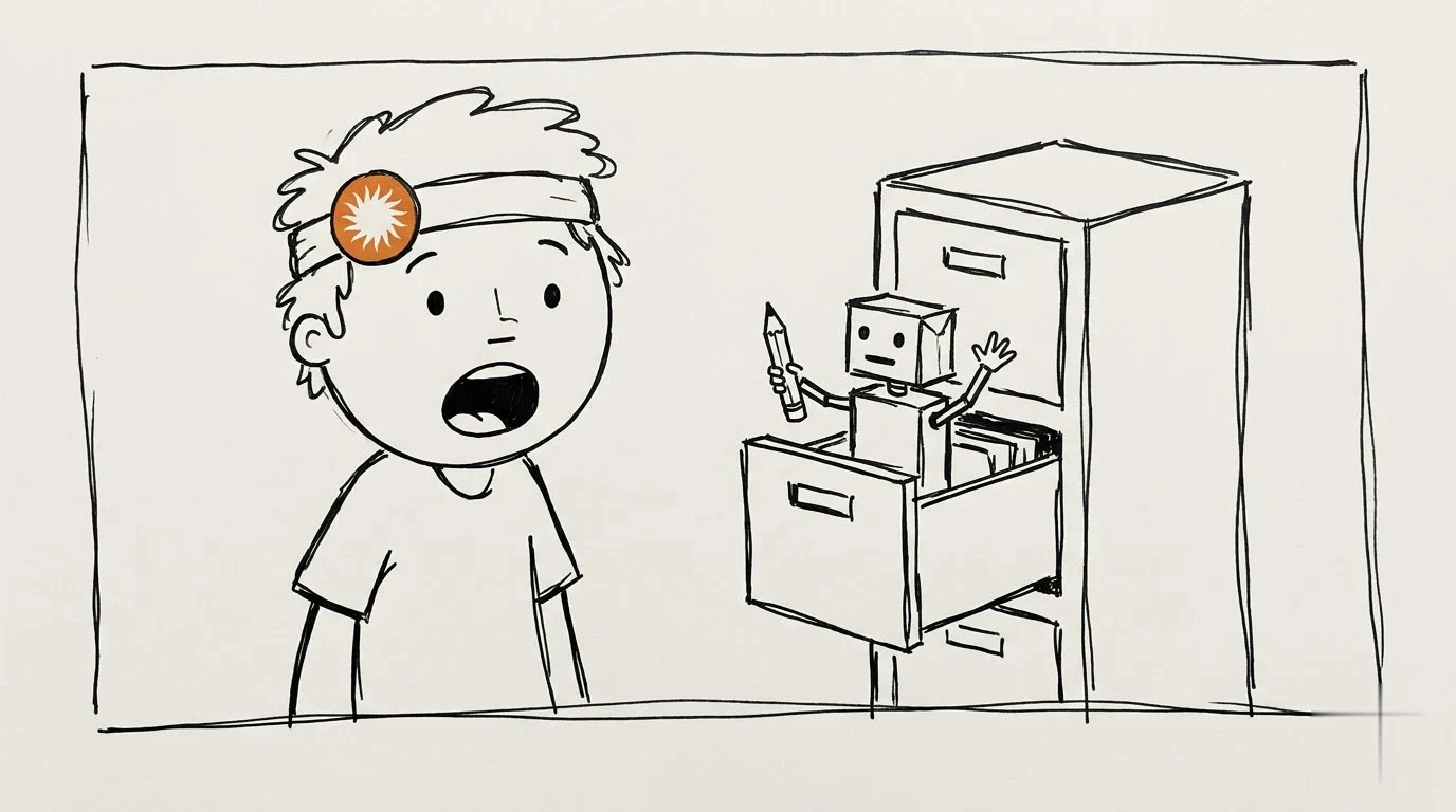 A shocked person finds a small cardboard robot sitting in an open file drawer, holding a pencil and waving.
