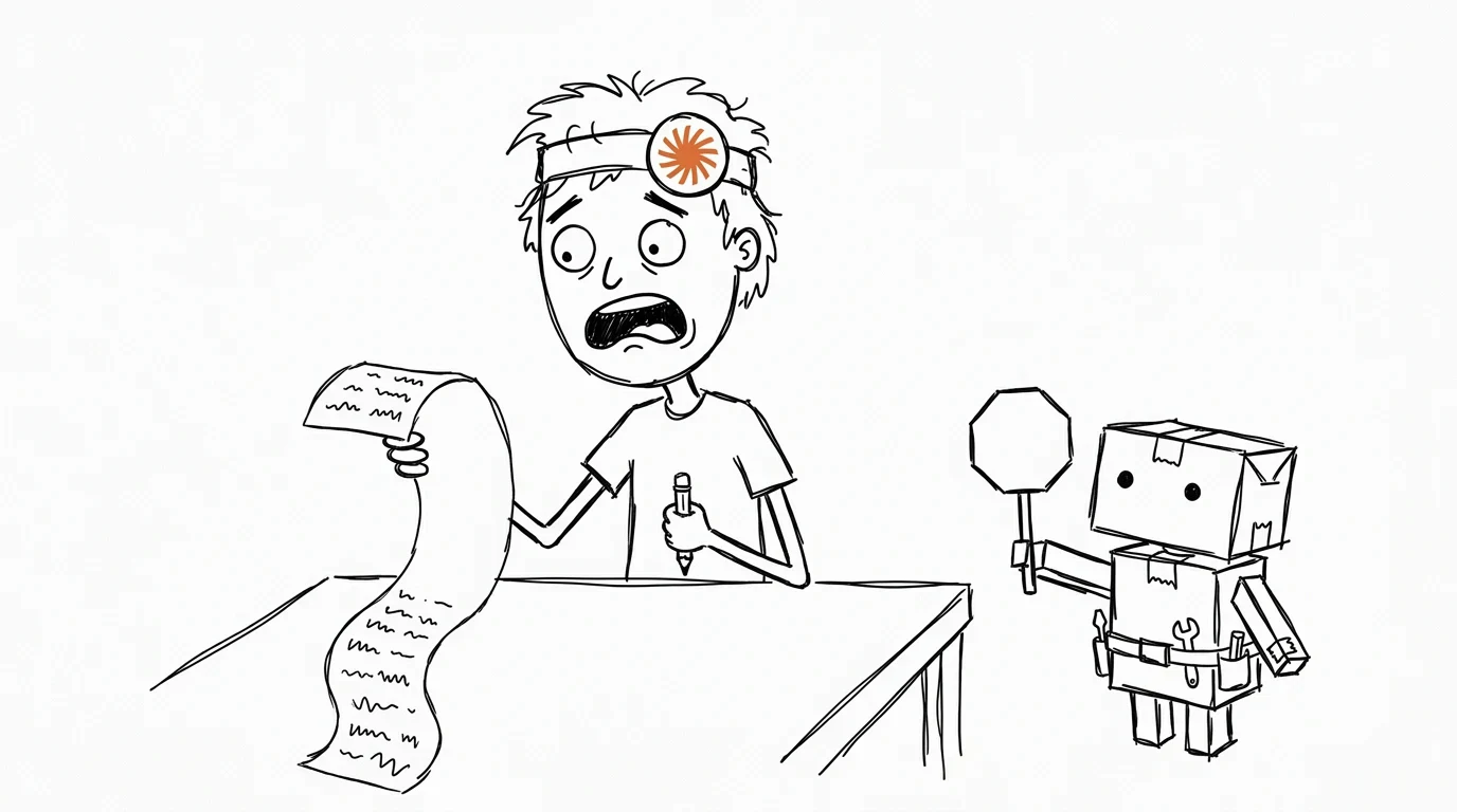A worried person holds a long task list while a cardboard robot holds a stop paddle and a half-empty tool belt.